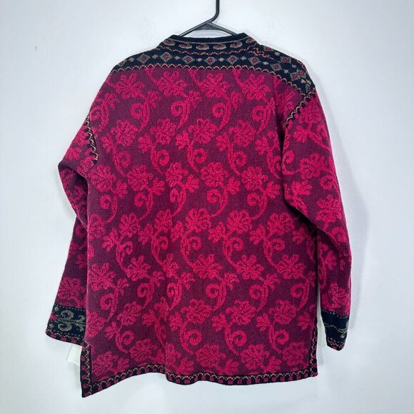 ICELANDIC DESIGN Red Floral Knit Wool Cardigan Sweater Longline Jacket Size Med - Picture 2 of 8